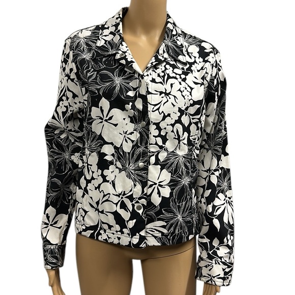 Liz Claiborne Black White Floral Print Cotton Snap Button Up Jacket Womens Large - Picture 1 of 11